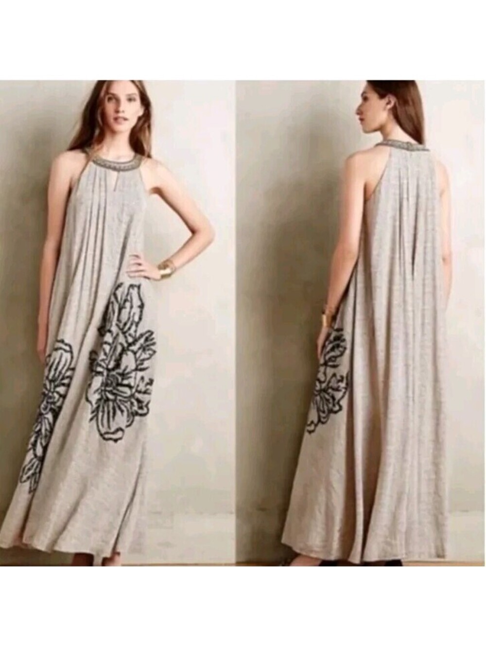 Anthropologie Ranna Gill Small Grandiflora Halter Maxi Dress Embroidered Pockets
